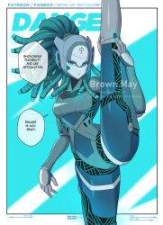  1girl blue_eyes brown_may character_name commentary danger_(x-men) dynamic_pose english_commentary english_text hair_tubes highres joints leg_up looking_at_viewer marvel marvel_tokon:_fighting_souls metal_hair_tubes metal_skin patreon_username robot robot_girl robot_joints speech_bubble standing standing_on_one_leg x-men 