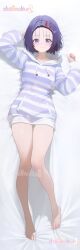  1girl arm_behind_head bare_legs barefoot blush breasts casual commentary_request dakimakura_(medium) full_body hair_ornament hairclip hands_up happy highres hip_focus hood hoodie legs lying medium_hair no_pants on_back purple_hair sairenji_haruna small_breasts solaris_(sinhyg) solo striped_clothes striped_hoodie thigh_gap thighs to_love-ru to_love-ru_darkness violet_eyes 