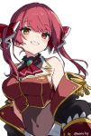  1girl ascot black_choker black_coat blush choker coat frilled_choker frills h_(eitilog) hair_ribbon heterochromia highres hololive houshou_marine houshou_marine_(1st_costume) jacket leotard leotard_under_clothes long_hair looking_at_viewer red_ascot red_coat red_eyes red_jacket red_ribbon red_skirt ribbon skirt sleeveless sleeveless_jacket smile solo twintails two-sided_coat two-sided_fabric virtual_youtuber white_background yellow_eyes 