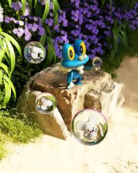  absurdres blue_skin bubble colored_sclera colored_skin flower froakie frog highres maushold maushold_(family_of_three) mouse_(animal) no_humans open_mouth pokemon pokemon_(creature) pokemon_focus purple_flower rivalclay rock standing yellow_sclera 