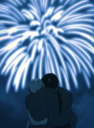  2boys aerial_fireworks black_hair blonde_hair brown_hair commentary_request festival fireworks from_behind highres japanese_clothes kimono long_sleeves male_focus matoba_seiji multiple_boys natsume_takashi natsume_yuujinchou night premium_(prmsub) short_hair sparkler summer_festival 