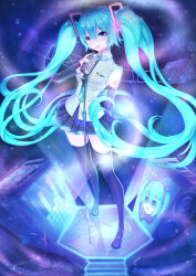  1girl :d absurdres aqua_eyes aqua_hair aqua_necktie aqua_trim audio_cable audio_visualizer boots character_sticker collared_shirt dahe_zhuang_(yishi_fanhua) detached_sleeves floating_hair full_body galaxy grey_shirt hair_between_eyes hair_ornament hatsune_miku headset highres holding holding_microphone instrument keyboard_(instrument) launchpad_(controller) long_hair looking_at_viewer microphone microphone_stand miku_day miniskirt necktie night pleated_skirt red_tattoo shirt shoulder_tattoo skirt sleeveless sleeveless_shirt smile solo speaker star_(sky) sticker tattoo thigh_boots twintails vintage_microphone vocaloid zettai_ryouiki 