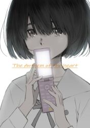  1girl black_hair cellphone collarbone flip_phone grey_eyes holding holding_phone kokoro_ga_sakebitagatterunda. long_sleeves naruse_jun phone sailor_collar school_uniform shirt short_hair solo star_(symbol) tanaka_masayoshi white_sailor_collar white_shirt 