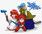  1girl 1other 2boys bandana black_mage black_mage_(fft) blue_bandana blue_robe copyright_name dithering fighter_(final_fantasy_i) final_fantasy final_fantasy_i glowing glowing_eyes hat holding holding_knife holding_sword holding_wand holding_weapon knife limited_palette long_hair looking_at_viewer multiple_boys no_nose pixel_art protonozawa redhead robe spiky_hair standing sword thief_(final_fantasy) wand weapon white_mage white_mage_(fft) white_robe witch_hat yellow_headwear 
