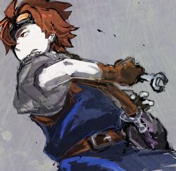  1boy bag belt brown_belt brown_gloves ciaran_(sekaiju) commentary_request gloves goggles goggles_on_head grey_background hemosuke holding holding_wrench lowres male_focus puffy_sleeves red_eyes red_hair sekaiju_no_meikyuu sekaiju_no_meikyuu_4 shoulder_bag sketch solo spiky_hair teeth wrench 