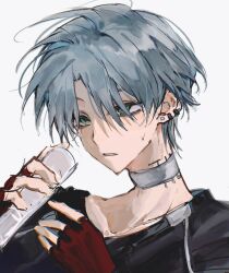  1boy alien_stage bottle choker collarbone ear_piercing earrings fingerless_gloves gloves green_eyes grey_background grey_hair highres holding holding_bottle jacket jewelry male_focus neck_tattoo parted_lips piercing red_gloves shirt short_hair simple_background sketch solo sweat tattoo till_(alien_stage) upper_body water_bottle white_background zhi_bai 