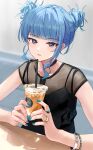  1girl absurdres aqua_nails asymmetrical_sidelocks black_choker blue_hair blunt_bangs bracelet choker coffee collarbone commentary cup disposable_cup dot_nose double_bun drinking_straw fingernails hair_bun hair_up highres holding holding_cup hololive hoshimachi_suisei jewelry long_eyebrows looking_at_viewer multiple_rings nail_polish open_mouth ring see-through shirt short_hair sidelocks simple_background sitting solo star_(symbol) star_in_eye symbol_in_eye tagosaku_(tatsukiuma0329) upper_body violet_eyes 