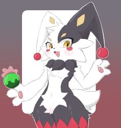  absurdres black_fur blush dupin_(palworld) furry highres looking_at_viewer navel open_mouth pal_(creature) palworld rorisu58 solo tail two-tone_fur white_fur 