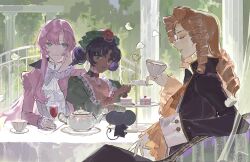  3girls arisugawa_juri ascot bindi black_jacket chinese_commentary chu_chu_(shoujo_kakumei_utena) commentary_request creature cup dark-skinned_female dark_skin dessert double_bun dress food green_dress green_eyes green_hat hair_bun hat highres himemiya_anthy holding holding_cup jacket long_hair multiple_girls official_alternate_costume orange_ascot orange_hair ouge_dz petals pink_hair pink_jacket purple_hair ringlets shoujo_kakumei_utena tea_party teacup teapot tenjou_utena white_petals 