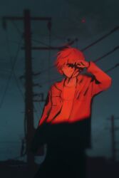  1girl absurdres asymmetrical_hair blurry blurry_background closed_mouth commentary cowboy_shot expressionless eyoomayo glowing_pupils grey_sky highres iwakura_lain jacket limited_palette looking_at_viewer outdoors overcast power_lines red_theme serial_experiments_lain shading_eyes shirt short_hair single_sidelock sky solo utility_pole 