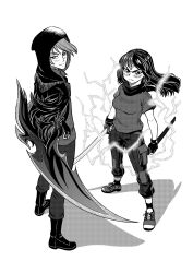  1boy 1girl blade_arm blush boots breasts brother-tico electricity electrokinesis full_body greyscale height_difference highres holding holding_sword holding_weapon hood hoodie katana large_breasts long_hair looking_at_viewer monochrome original pants partial_transformation scarf shadow sheath shirt shoelaces shoes short_hair short_sleeves simple_background socks standing sword transformation weapon white_background 