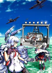  absurdres aircraft airplane barge_(watercraft) blue_sky blunt_tresses breasts clouds commentary_request day dress gloves grey_hair hair_ribbon headgear highres horizon kantai_collection long_hair murakumo_(kancolle) murakumo_kai_ni_(kancolle) necktie ocean outdoors poi_(phrase) red_necktie ribbon rigging sail school_uniform sendai_(kancolle) sendai_kai_ni_(kancolle) serafuku sky small_breasts takakiyo_(nk1109r) tress_ribbon white_dress white_gloves yuudachi_(kancolle) yuudachi_kai_ni_(kancolle) zuihou_(kancolle) 