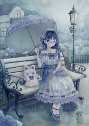 absurdres bandaid bandaid_on_face bandaid_on_nose bare_shoulders cat collarbone commentary_request dress frills frog full_body highres holding holding_umbrella original outdoors rain sitting umbrella user_vnmd8473