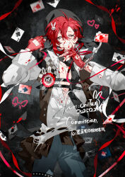  1boy absurdres ahoge blood blood_on_clothes blood_on_face blood_on_hand card character_name chinese_commentary commentary_request cowboy_shot diamond_(shape) fingerless_gloves gloves hair_between_eyes hair_ornament happy_birthday hat heart highres long_sleeves looking_at_viewer male_focus necktie onitwo open_clothes original pants playing_card rabbit_hair_ornament red_gloves red_hair ribbon shirt short_hair smile solo spade_(shape) vest white_shirt 