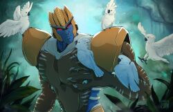  1boy animal_on_shoulder autobot beast_wars beast_wars:_transformers bird bird_on_hand bird_on_shoulder cockatoo dinobot_(beast_wars) fingernails highres humanoid_robot jungle mecha miuwuu nature red_eyes robot sharp_fingernails transformers white_bird 