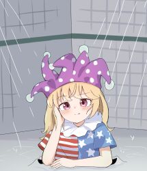  1girl :p ;p american_flag american_flag_dress american_flag_print blonde_hair blush closed_mouth clownpiece commentary_request dress flag_print hat haya_s2 highres jester_cap long_hair looking_at_viewer neck_ruff one_eye_closed polka_dot_headwear purple_hat red_eyes short_sleeves smile solo star_(symbol) star_print striped_clothes striped_dress tongue tongue_out touhou 