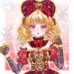  1girl argyle_clothes argyle_sleeves bare_shoulders beads black_bonnet black_collar blonde_hair bonnet border bow bowtie brooch brown_eyes chinese_commentary collar commentary_request commission cross-laced_clothes cross-laced_sleeves curly_hair detached_collar detached_sleeves dot_nose dress drill_hair eyelashes fingernails frilled_collar frilled_dress frilled_sleeves frills frown gem grey_sleeves grid_background hair_bow hair_ornament halftone hand_up hat hat_ribbon heart-shaped_bonnet high_collar highres infinity_nikki jewelry large_bow layered_sleeves light_blush long_hair long_sleeves looking_at_viewer multiple_hat_bows musical_note musical_note_hair_ornament nikki_(series) official_alternate_color open_mouth outline outside_border procreate_(medium) puffy_short_sleeves puffy_sleeves red_background red_bow red_bowtie red_dress red_gem red_ribbon red_sleeves ribbon sample_watermark see-through_clothes see-through_sleeves short_over_long_sleeves short_sleeves sleeves_past_wrists solo sparkle straight-on strapless strapless_dress surprised tareme teeth timeless_melody_(infinity_nikki) too_many_watermarks upper_body upper_teeth_only watermark watermark_grid white_border white_outline yanmowuzhisheng 