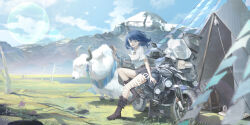  1girl absurdres adapted_costume ahoge ankle_boots backpack bag belt_boots black_boots blue_bow blue_bowtie blue_eyes blue_hair boots bow bowtie chinese_commentary commentary_request dated day flower full_body grass grey_shorts helmet highres knee_up lens_flare lingxi2003 looking_at_viewer make_heroine_ga_oo_sugiru! medium_hair motor_vehicle motorcycle motorcycle_helmet mountain mountainous_horizon on_motorcycle open_mouth outdoors portable_stove river sample_watermark shirt short_sleeves shorts signature sitting sky snow tent thighs unworn_headwear unworn_helmet watermark white_shirt yak yanami_anna yellow_bow yellow_bowtie 
