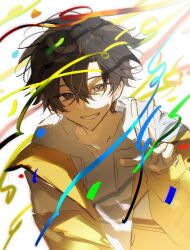  1boy black_eyes black_hair brown_eyes cheng_xiaoshi confetti hair_between_eyes highres hood hood_down hoodie jacket long_sleeves looking_at_viewer male_focus shiguang_dailiren shirt short_hair simple_background smile solo streamers upper_body v white_background yellow_hoodie yellow_jacket zhi_bai 