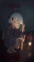  1girl =_= absurdres alternate_costume barefoot black_choker black_halo black_horns blue_archive check_commentary choker commentary_request demon_girl demon_horns demon_wings fireworks floral_print floral_print_kimono halo highres hina_(blue_archive) holding holding_fireworks horns japanese_clothes kimono long_hair low_wings multiple_horns open_mouth parted_bangs print_kimono purple_halo purple_kimono purple_wings smile solo squatting violet_eyes water white_hair wings yona_(yoroyoro) 