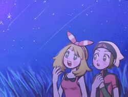  1boy 1girl 28_(eep228) :d :o absurdres blush bow_hairband brendan_(pokemon) brown_hair commentary eyelashes grass grey_eyes hairband hand_up highres holding_strap may_(pokemon) medium_hair night open_mouth outdoors pokemon pokemon_omega_ruby_and_alpha_sapphire red_shirt shirt sky sleeveless sleeveless_shirt smile teeth upper_teeth_only 