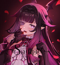 1girl absurdres bat_wings black_gloves black_hair blood blood_on_hand blood_on_mouth blood_on_neck blush bow bowtie chinese_commentary columbina_(big_bad_vampire)_(genshin_impact) columbina_(genshin_impact) commentary_request dark_background dress fangs genshin_impact gloves head_wings highres long_hair multicolored_hair multiple_girls official_alternate_costume open_mouth pointy_ears purple_bow purple_bowtie purple_hair purple_wings solo streaked_hair two-tone_hair upper_body vampire violet_eyes wings wrist_bow xiongji_z_z 