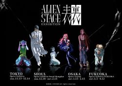  3girls 4boys alien_stage black_background black_dress black_pants blonde_hair blue_hair brown_hair clothing_cutout coat commentary_request dark-skinned_female dark-skinned_male dark_skin dress grey_jacket grey_pants hyuna_(alien_stage) hyunwoo_(alien_stage) ivan_(alien_stage) jacket kneeling korean_commentary long_hair luka_(alien_stage) mizi_(alien_stage) multiple_boys multiple_girls official_art pants pink_hair prosthesis prosthetic_leg shoes short_sleeves shoulder_cutout sleeveless sleeveless_dress sua_(alien_stage) tank_top till_(alien_stage) very_long_hair white_coat white_dress white_pants white_shoes 