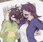  &gt;:) 1girl 1other ahoge alternate_species androgynous animal_ears antenna_hair blank_eyes brown_background brown_hair claw_pose deltarune evil_grin evil_smile fewer_digits finger_in_own_mouth freckles from_side goat_boy goat_ears green_sweater grin hair_over_one_eye hand_on_another&#039;s_shoulder highres horns jacket komugiko_(bitte_komu) kris_(deltarune) long_hair long_sleeves looking_at_viewer mouth_pull one_eye_covered open_mouth outline purple_hair purple_jacket shaded_face sharp_teeth shirt short_hair smile susie_(deltarune) sweater swept_bangs teeth tongue tongue_out two-tone_background upper_body v-shaped_eyebrows violet_eyes white_background white_outline white_shirt 