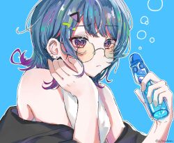  1girl 3290salmon artist_name barbell_piercing black_jacket blue_background blue_hair blush bottle closed_mouth commentary ear_piercing earrings green_hair hair_ornament halterneck hands_up head_rest highres holding holding_bottle industrial_piercing jacket jacket_partially_removed jewelry koshimizu_toru looking_ahead looking_at_viewer medium_hair mole mole_under_eye multicolored_eyes multicolored_hair multiple_earrings nijisanji outline piercing purple_hair ramune round_eyewear shirt sidelocks simple_background sleeveless sleeveless_shirt solo tinted_eyewear twitter_username upper_body violet_eyes virtual_youtuber white_outline white_shirt 