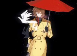  1boy absurdres akechi_goro belted_coat bird black_background black_gloves breath briefcase brown_hair buttons closed_eyes closed_mouth coat commentary double-breasted dove gloves hair_between_eyes highres holding holding_umbrella liangban_jiujiu_chao_jidan outstretched_arm persona persona_5 persona_5_the_royal plaid_clothes plaid_scarf red_umbrella scarf simple_background snow solo two-tone_scarf umbrella upper_body winter_clothes yellow_coat 