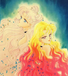  2girls absurdres beads bishoujo_senshi_sailor_moon black_choker blonde_hair blue_background blue_eyes choker double_bun earrings hair_bun highres jewelry long_hair multicolored_hair multiple_girls non-web_source red_eyes red_hair sailor_galaxia scan self-scan smile takeuchi_naoko tsukino_usagi twintails very_long_hair wavy_hair white_hair 
