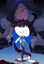  1boy 1girl aksinya_(genshin_impact) androgynous apple apple_peel belt black_boots black_cape black_dress black_gloves black_hood black_pants blonde_hair blue_eyes blue_hair blue_pupils boots brown_belt cape capelet chinese_commentary clenched_hand commentary_request dress eyelashes food fruit full_body fur-trimmed_cape fur_trim genshin_impact giant giantess gloves hair_between_eyes half-closed_eyes hand_on_own_face hand_up hands_up highres holding holding_food holding_fruit ikhor_(genshin_impact) long_sleeves looking_at_another looking_at_food looking_down open_mouth pants puffy_long_sleeves puffy_sleeves shirt short_hair standing star_(sky) starry_sky_background wavy_hair white_capelet white_shirt wide_sleeves yellow_eyes yu_de_tou 