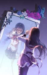 1girl absurdres adjusting_eyewear akemi_homura akemi_homura_(magical_girl) argyle_clothes argyle_pantyhose back_bow black_hair black_pantyhose blue_flower blue_rose bow bowtie braid broken_mirror butterfly_ornament capelet chinese_commentary closed_mouth collared_capelet collared_shirt commentary_request cowboy_shot flower from_behind glasses grey_skirt hairband hand_on_eyewear hand_up highres lace-trimmed_shirt lace-trimmed_sleeves lace_trim long_hair long_sleeves looking_at_mirror magical_girl mahou_shoujo_madoka_magica mahou_shoujo_madoka_magica_(anime) mirror mitakihara_school_uniform pantyhose pink_flower pink_rose plaid_clothes plaid_skirt plant pleated_skirt purple_eyes red_bow red_bowtie reflection rose school_uniform shirt skirt solo twin_braids twintails two-tone_capelet vines white_flower white_rose white_shirt yellow_sleeves yezhi_(xiaohongshu_95363405695)