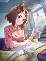  1girl :o absurdres animal_ears arms_on_table artist_request banana bandaid bandaid_on_arm bandaid_on_face bandaid_on_forehead bed bedroom blue_sky book book_stack breast_pocket breasts brown_hair buttons card_(medium) card_commentary chair clouds cloudy_sky collared_shirt commentary cup curtains desk_lamp determined dot_nose eyelashes food food_print fruit fruit_print game_asset glint green_tea hair_ornament hairclip highres holding holding_newspaper holding_pen horse_ears horse_girl indoors lamp large_breasts light_blush light_particles long_sleeves looking_at_object mango mug multicolored_hair newspaper nightstand notebook official_art on_chair orange_(fruit) pajamas parted_lips pen pillow pink_shirt pocket print_shirt shirt short_hair sitting sky sleeve_cuffs solo steam strawberry streaked_hair studying tareme tea thick_eyebrows third-party_source three-quarter_sleeves tsurumaru_tsuyoshi_(umamusume) umamusume upper_body v-shaped_eyebrows violet_eyes watermelon watermelon_slice window writing 