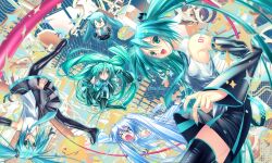  absurdres aqua_eyes aqua_hair aqua_necktie aqua_trim black_sleeves choko_mami detached_sleeves fuwapuchi grey_shirt hatsune_miku hatsune_miku_(vocaloid3) hatsune_miku_(vocaloid6) highres long_hair necktie number_tattoo shirt tattoo twintails very_long_hair vocaloid yuki_miku yuki_miku_(2011) 