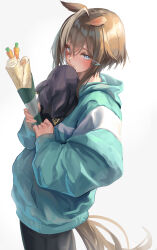  1girl absurdres animal_ears aqua_hoodie black_hat black_pants blue_eyes blush brown_hair cheval_grand_(umamusume) closed_mouth commentary cream cream_on_face crepe feet_out_of_frame food food_on_face hair_between_eyes hat highres holding holding_crepe holding_food holding_unworn_clothes holding_unworn_hat hood hood_down hoodie horse_ears horse_girl horse_tail ice_cream_crepe long_sleeves looking_at_viewer multicolored_hair oversized_clothes pants puffy_long_sleeves puffy_sleeves qdx4p short_hair short_hair_with_long_locks sidelocks simple_background solo standing streaked_hair tail umamusume unworn_hat unworn_headwear white_background white_streaks 