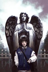  "bon"_(the_walten_files) 1boy 1girl angel angel_wings bag black_hair blue_jacket clouds cloudy_sky commentary english_commentary feathered_wings fence hand_in_pocket highres jacket justcorysierra letterman_jacket long_sleeves looking_at_viewer outdoors own_hands_together praying short_hair shoulder_bag sky sophie_walten standing statue the_walten_files tree white_sleeves wings 