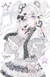  1girl :o aegyo_sal animal_ears bear_ears black_scarf bow charm_(object) commission cosmetics cowboy_shot earmuffs fake_animal_ears frilled_skirt frills grey_shirt highres holding holding_lipstick_tube holding_wand hupo_shi_zhi_baomao lipstick_tube long_hair looking_at_viewer mihuashi_commission original pink_bow polka_dot polka_dot_scarf purple_lips sample_watermark scarf shirt simple_background skirt solo treble_clef very_long_hair violet_eyes wand watermark wavy_hair white_background white_hair white_skirt wishcore 