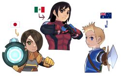  1girl 2boys aiming aiming_at_viewer arm_cannon arrow_(symbol) artist_name australian_flag belt black_eyes black_hair blonde_hair blue_eyes blue_shirt bodysuit breasts bright_pupils brown_hair clenched_hand closed_mouth commentary cropped_torso english_commentary fist_in_hand flag foreshortening gauntlets gloves green_eyes grey_bodysuit hair_over_one_eye highres holding holding_sword holding_weapon jacket japanese_flag looking_at_viewer medium_breasts medium_hair mexican_flag mii_(nintendo) mii_brawler mii_brawler_(smash_ultimate) mii_gunner mii_gunner_(smash_ultimate) mii_swordfighter mii_swordfighter_(smash_ultimate) multiple_boys open_clothes open_jacket red_bodysuit red_gloves scabbard serious sheath shirt short_hair simple_background super_smash_bros. sword upper_body weapon white_background white_pupils yamouri yellow_gloves yellow_jacket 