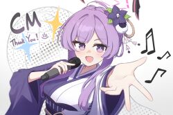  1girl blue_archive bright_pupils commentary commission english_commentary english_text floating_headgear flower hair_flower hair_ornament halo headgear highres holding holding_microphone japanese_clothes kimono long_sleeves looking_at_viewer microphone musical_note official_alternate_costume open_mouth purple_flower purple_hair purple_halo purple_kimono reaching reaching_towards_viewer singing solo uber_(29131626) updo upper_body utaha_(blue_archive) utaha_(idol)_(blue_archive) violet_eyes white_background white_pupils 