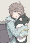  1boy aged_down aqua_hoodie backpack bag brown_hair closed_mouth grey_eyes holding holding_stuffed_toy kanae_(nijisanji) long_sleeves male_focus nijisanji shippaiderman short_hair solo stuffed_animal stuffed_cat stuffed_toy virtual_youtuber 