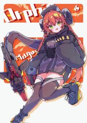  1girl black_coat black_horns black_shirt black_thighhighs coat commentary_request curled_horns dragon_girl dragon_horns dress feet_out_of_frame gloves hair_between_eyes hair_intakes highres horns long_hair magus_(zenless_zone_zero) mechanical_horns mechanical_tail open_mouth orange_hair orphie_magnusson shirt smile solo tail thigh-highs umikawak3_1 yellow_gloves zenless_zone_zero zipper_dress zipping 