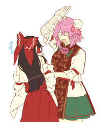  2girls absurdres anger_vein angry bandaged_arm bandages bow brown_hair bun_cover commentary detached_sleeves double_bun english_commentary flower flying_sweatdrops frilled_bow frilled_hair_tubes frills green_skirt hair_bow hair_bun hair_tubes hakurei_reimu highres ibaraki_kasen long_hair multiple_girls neat_ad4816 pink_flower pink_hair pink_rose red_bow red_skirt red_tabard ribbon-trimmed_skirt ribbon_trim rose shirt simple_background skirt skirt_set tabard touhou white_background white_shirt 