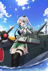  1girl ahoge aircraft airplane akitsushima_(kancolle) armpit_cutout black_thighhighs blue_sky breasts clothing_cutout clouds commentary_request crane_(machine) day dress earrings flying_boat gloves h8k hair_ribbon hat highres jewelry kantai_collection long_hair long_sleeves looking_at_viewer medium_breasts mini_hat open_mouth outdoors revision ribbon rigging satasashi seaplane side_ponytail sky smile solo thigh-highs thigh_strap very_long_hair violet_eyes white_gloves 