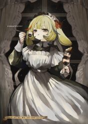 1girl absurdres animal_ears apron artist_name black_dress blonde_hair blue_streaks blush bob_cut bow collared_dress cup dated dessert dress drinking_glass english_text floppy_ears food frilled_apron frills glass green_eyes hair_bow highres holding holding_cup holding_food holding_spoon indie_virtual_youtuber indoors licking_lips long_sleeves looking_at_viewer lop_rabbit_ears maid maid_apron maid_headdress multicolored_hair night parfait parfait_glass rabbit_ears rabbit_girl red_streaks sakutake_(ue3sayu) short_hair signature spoon streaked_hair tongue tongue_out white_apron window yuzuha_makura 
