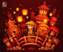  bridge city commentary_request full_body hat highres long_hair looking_at_viewer maniani original pointy_ears ponytail scarf statue straw_hat 