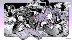  1girl :o ;o arknights arknights:_endfield bare_shoulders book book_stack boots bow breasts commentary_request copyright_logo copyright_notice demon_girl demon_horns detached_sleeves feet_up flower framed_breasts from_side full_body gloves greyscale hair_bow headgear highres horns inset_border kyo_zip large_breasts logo long_hair long_sidelocks looking_at_viewer low_twintails lying monochrome official_art on_stomach one_eye_closed open_book outside_border overskirt purple_flower purple_hair ringlets sidelocks sitting sleepy solo spot_color tail thigh-highs twintails typhoeus_(arknights) typhon_(arknights) very_long_hair violet_eyes yawning yokozuwari 