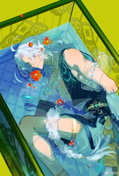  1boy absurdres ahoge armillary_sphere armlet arms_behind_back bare_shoulders beads belt black_tunic blue_gem bound bound_arms braid chinese_commentary closed_mouth commentary_request crescent crescent_earrings crescent_ornament curtained_hair earrings eyes_visible_through_hair feet_out_of_frame fetal_position fins fish_tank flower flower_on_liquid gem gold_armlet gold_choker gold_thighlet green_background hair_beads hair_flower hair_ornament head_fins heterochromia highres jewelry looking_at_viewer male_focus multiple_necklaces necklace parted_bangs partially_submerged pearl_necklace pendant petals petals_on_liquid procreate_(medium) red_flower red_petals robe scale_print see-through_clothes see-through_shawl shawl shuling sideways_glance simple_background single_braid sleeveless_robe solo tassel_necklace the_tale_of_food thighlet toned toned_male tunic violet_eyes water watermark weibo_watermark white_hair white_robe yaopei yellow_belt yellow_eyes zhenzhu_ri_yue_bei 
