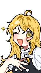  1girl :d ;d ahoge black_vest blonde_hair blush bow braid commentary_request hair_bow highres hinohari_(user_wzxk7585) kirisame_marisa long_hair looking_at_viewer missing_headwear one_eye_closed side_braid simple_background single_braid smile solo star_(symbol) touhou transparent_background upper_body vest white_bow wink_star yellow_eyes 