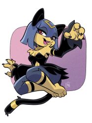  1girl animal_ears black_fur blue_fur blue_hair cat_ears cat_girl cat_tail fangs furry furry_female linno looking_at_viewer multicolored_fur open_mouth pal_(creature) palworld red_eyes sekhmet_(palworld) solo tail yellow_fur 
